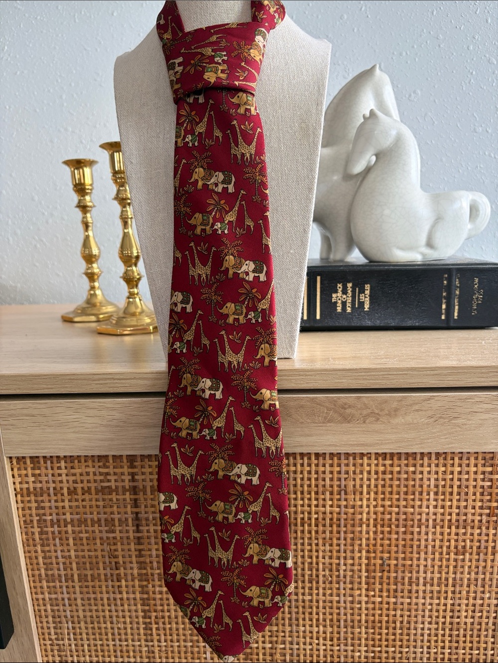 Salvatore Ferragamo Red Tie with Gold Safari Animal Motif